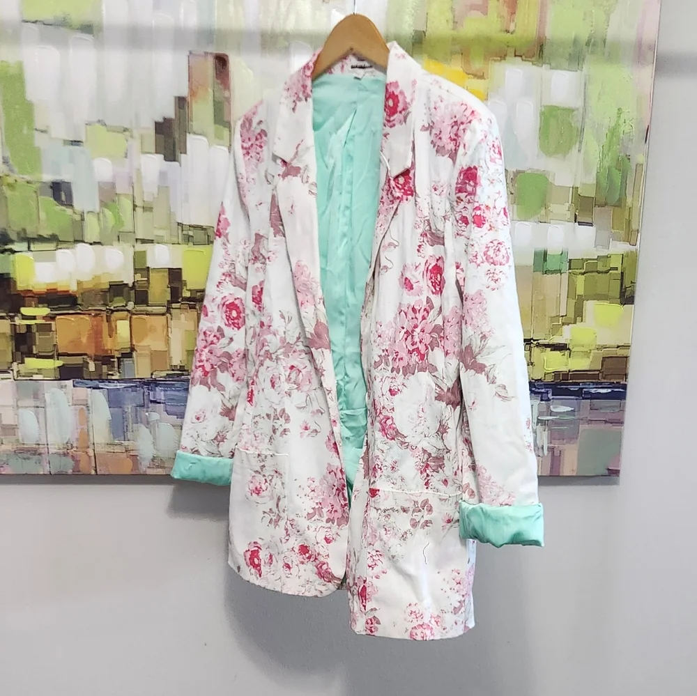 New!For Love And Lemons Weston Denim Floral‎ Women's Blazer - Pink and White
